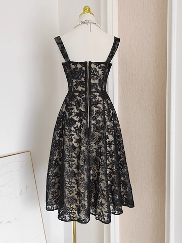 A Line Spaghetti Straps Tulle Lace Black Women's Holiday Dresses SD222 HZ0628